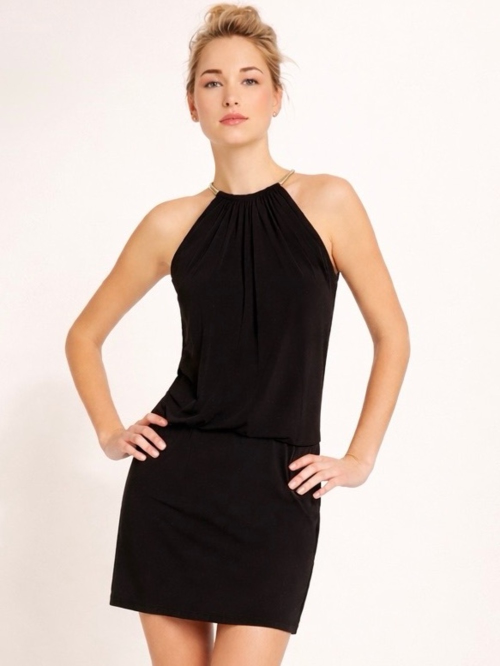 JESSICA SIMPSON Black Halter Blouson Mini Dress Size 4 Gold Detail